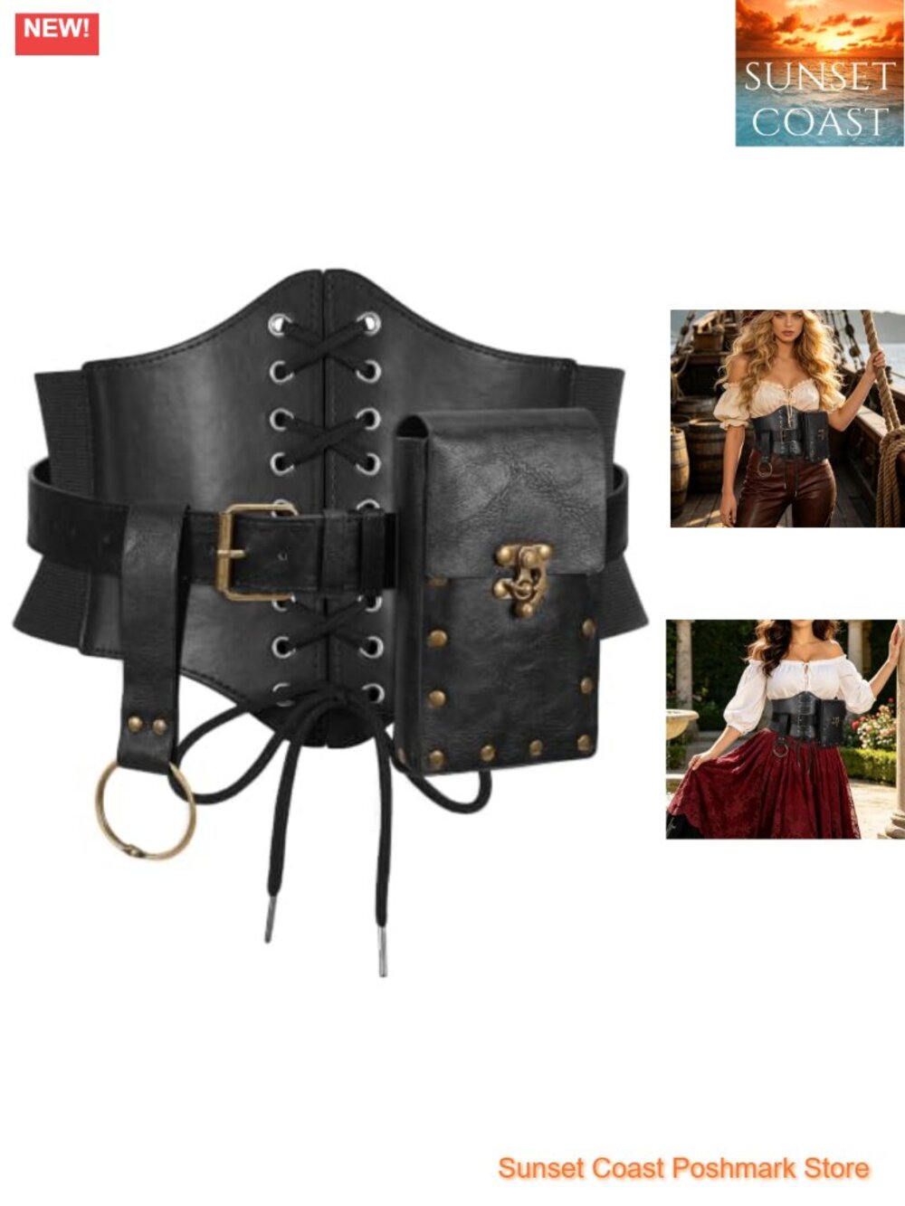 Wide PU Leather Corset Belt with Renaissance Waist Pouch Bag Lace-Up Medieval